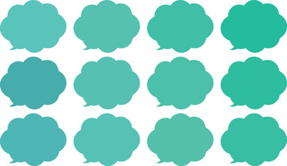 緑色の雲の形をした、モコモコの吹き出しセット。緑色のバリエーションがある、アソートカラー。ふきだしの先端は左下。