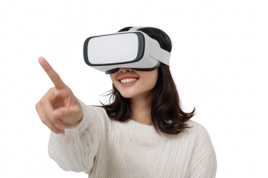 Woman uses VR headset exploring virtual reality a modern technology experience with a transparent background - Powered by Adobe