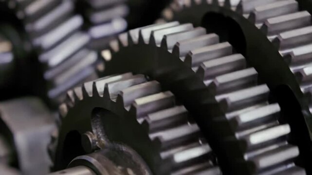 Close-up of industrial gears and cogs turning in perfect sync, metallic texture.