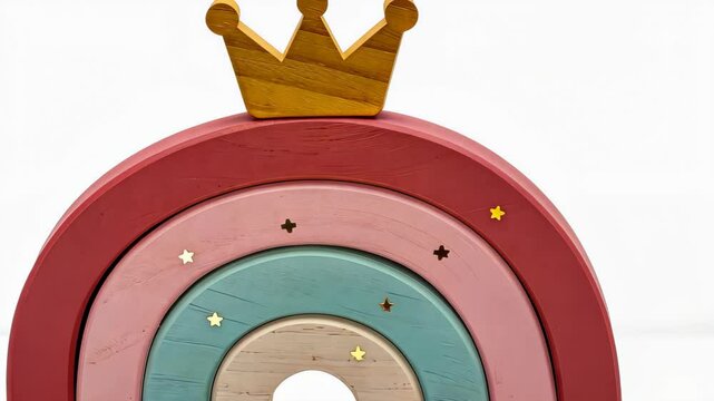 Pastel Rainbow Stacker with Crown: A charming pastel-colored wooden rainbow stacker toy, adorned with a golden crown and sparkling stars, perfect for imaginative play.