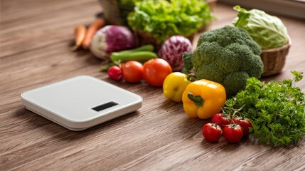 Weigh scales with fresh vegetables on wooden floor, a balanced and healthy lifestyle choice
