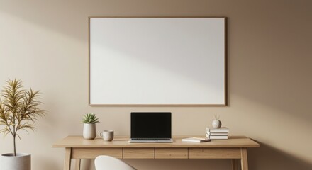Frame mockup, Interior Design with art frame : A stylish interior design features a blank art frame above a wooden desk with a laptop, plant, and books, creating a workspace for concept creation.