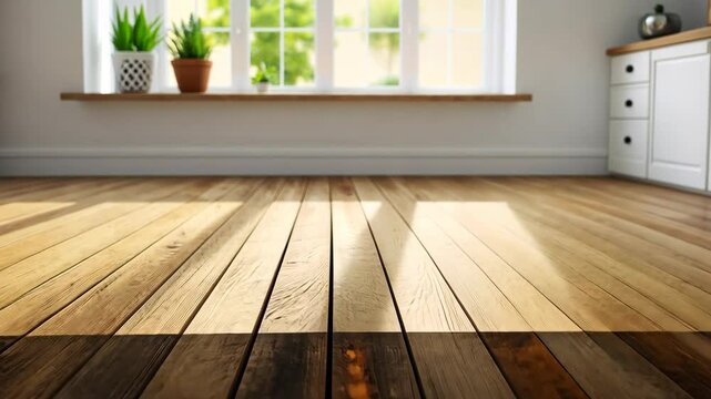 Sunlit Interior with Wooden Floor: Sunbeams bathe a room, illuminating the intricate patterns of a wooden floor, creating a warm and inviting ambiance.