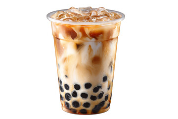Refreshing Iced Brown Sugar Boba Milk Tea Drink in a Plastic Cup with Ice, transparent background