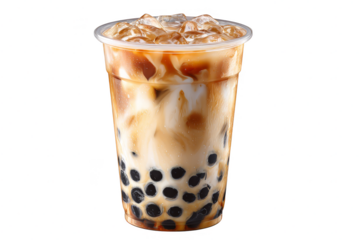 Refreshing Iced Brown Sugar Boba Milk Tea Drink in a Plastic Cup with Ice, transparent background