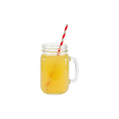 Jar of Fresh Orange Juice with Red Striped Straw Isolated on White