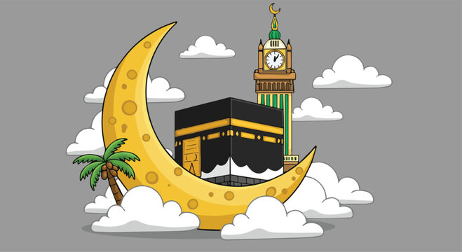Cartoon Illustration of Kaaba and Abraj Al-Bait Towers with Crescent Moon

