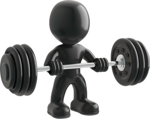 Glossy Black Figure Lifting Barbell with Weights on White Background