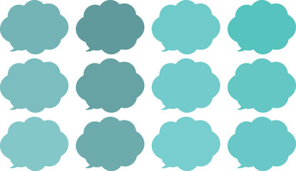 緑色の雲の形をした、モコモコの吹き出しセット。緑色のバリエーションがある、アソートカラー。フキダシの尻尾は左下。