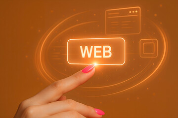Digital touch concept of web technology with glowing elements and finger pressing the web button over an orange background