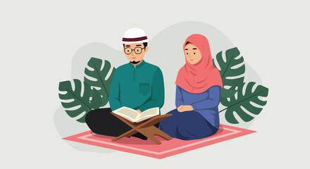 Muslim Couple Reading Quran Together in Peaceful Atmosphere

