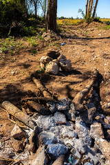 Remnants of a campfire in a rural setting, featuring charred logs and scattered stones