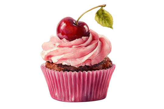 Delicious pink cupcake topped with a glistening cherry and a leaf a delightful watercolor dessert treat perfect for bakery menus or sweet food blogs, transparent background