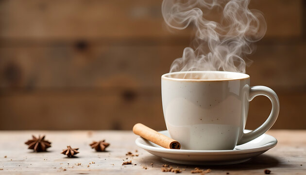 Hot coffee cup with cinnamon stick and steam on wooden background  