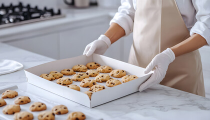 Woman bakery shop owner prepares cookie order. Female baker packs baked goods in delivery box. Small business entrepreneur, food delivery