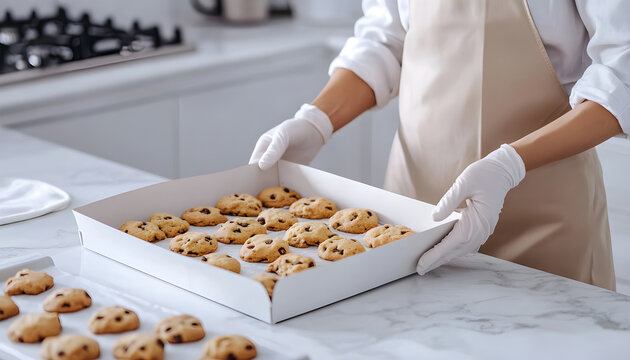 Woman bakery shop owner prepares cookie order. Female baker packs baked goods in delivery box. Small business entrepreneur, food delivery