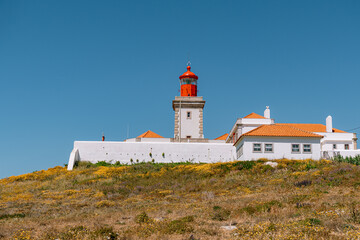 Bright red-roofed lighthouse stands on a hill with wildflowers under a clear blue sky, capturing...