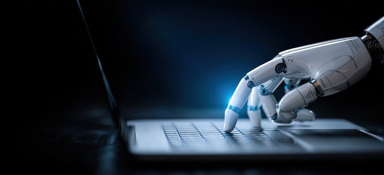 Robotic hand using a laptop keyboard showcasing futuristic technology innovation and artificial intelligence development