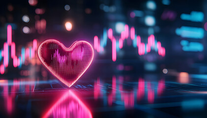 Glowing heart-shaped data visualization, fluctuating market chart on vibrant blue background. Love passion financial growth