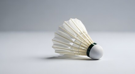 Isolated shuttlecock with white feathers and green band on a white surface