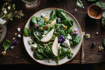 Fresh spinach with pear slices, blue cheese, and a minimalist floral accent.