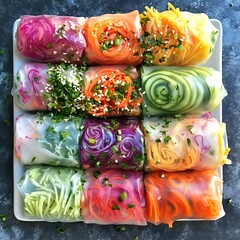Aerial perspective of rainbow spring rolls with Thai peanut sauce, spiralized vegetables, rice paper