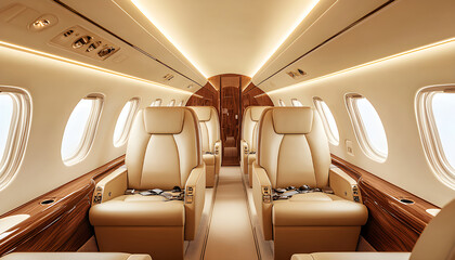 Luxurious private jet cabin interior. Comfortable leather seats, modern design. Travel in style, first class experience