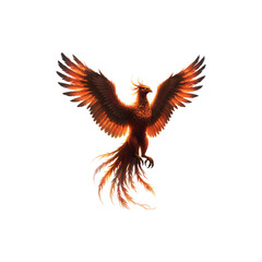 Fototapeta premium Vibrant phoenix bird in flight on white background, representing rebirth, fantasy, and mythology