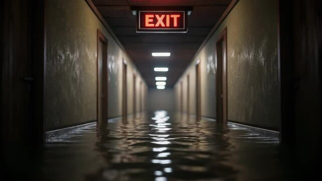 Flooded Hallway Creates Emergency Crisis as Water Rises, Urging Quick Exit Amidst Dim Lighting and Reflections of Urgency