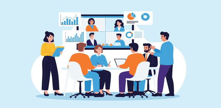 business finance analysis. Group business marketing team video conference meeting online and people brainstorming for planning concept