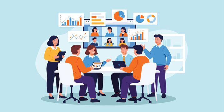 business finance analysis. Group business marketing team video conference meeting online and people brainstorming for planning concept