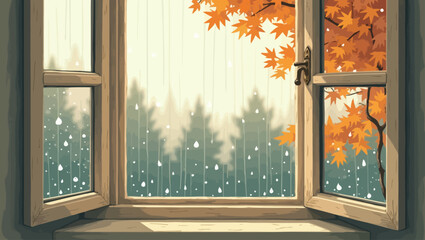  Cozy autumn scene with raindrops on a window, orange maple leaves, and a misty forest background creating a peaceful seasonal atmosphere.