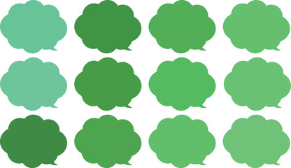 All the bubbles have a distinctive, rounded, cloud-like, or scalloped edge design. This vector image features twelve speech bubbles
