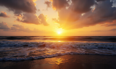 A Brilliant Sun Rising Over the Ocean, First Light of July, Volumetric Rays, High Detail, Tranquil Scene