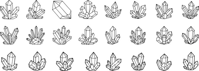 Black and white line art crystal illustrations