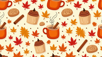  Seamless fall pattern featuring cups, cinnamon, cupcakes, cookies, and colorful autumn leaves in a cozy seasonal design.