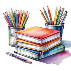 Fototapeta premium Artistic watercolor-style illustration of vibrant and artistic arrangement of school supplies, featuring a stack of colorful hardcover books alongside two metal pencil holders 