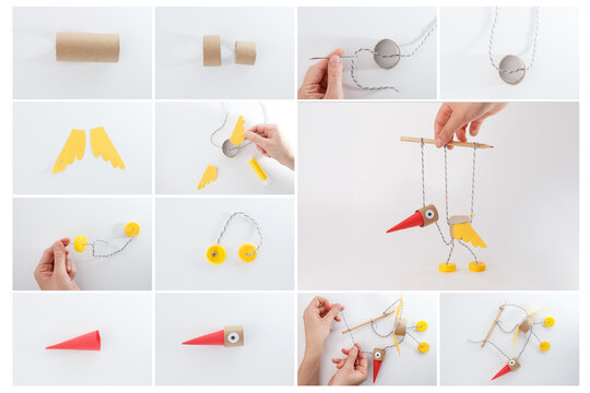 Educational bird puppet creation using recycled household materials for parenting blogs, DIY channels, school art programs, toy manufacturers, and sustainable education businesses,
