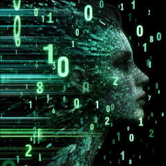 Illustration of a female face emerging from green numbers. The matrix effect. Vector graphics. EPS.
