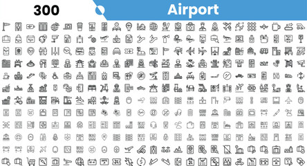 A comprehensive collection of airport-themed icons, showcasing various travel-related symbols and services in a sleek, monochrome design.