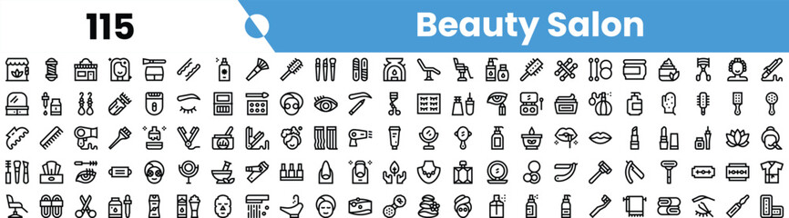 A collection of sleek icons representing various beauty salon elements including hair care, skincare, and makeup tools.