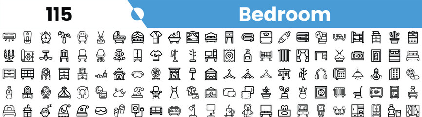 A diverse collection of bedroom icons, featuring beds, decorations, and furniture items in a minimalist style.