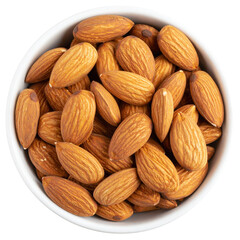 Fototapeta premium Top view of almonds in cup isolated on transparent background, object, cut out