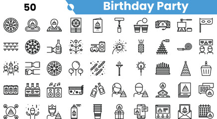 A collection of fun and festive birthday party icons featuring cakes, balloons, and games.
