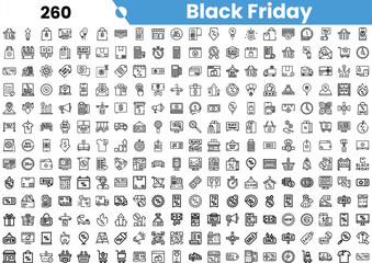 A collection of minimalist icons representing Black Friday sales, shopping, and promotions in monochrome style.