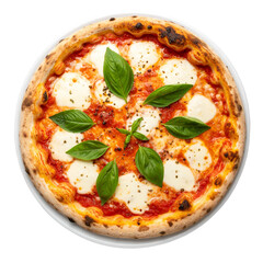 Top view of Neapolitan pizza, Italy in plate  isolated on transparent background, object, cut out