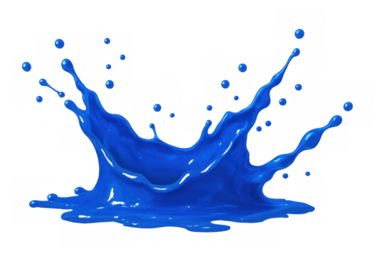 Blue liquid splashing, forming dynamic droplets and fluid crown against transparent surface