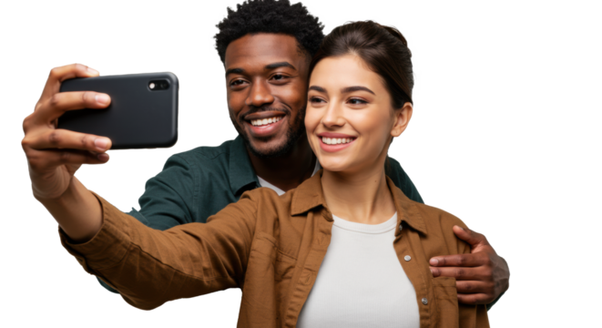 Couple taking selfie portrait with smartphone happy and smiling together isolated on black background