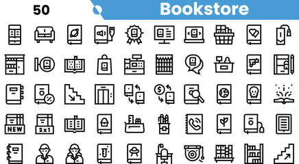 A collection of minimalist icons representing various aspects of a bookstore, featuring books, shopping, and learning.