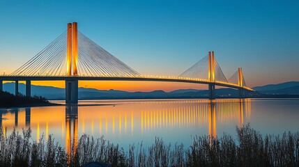Obraz premium Modern Cable-stayed Bridge at Sunset Over Calm Water with Reflection